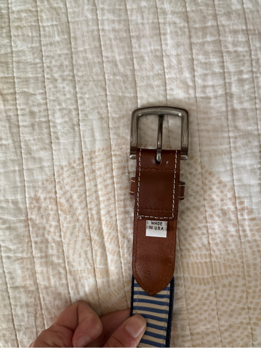Men's Navy Embroidered Virginia Web Belt with Brown Leather - Picture 3 of 4